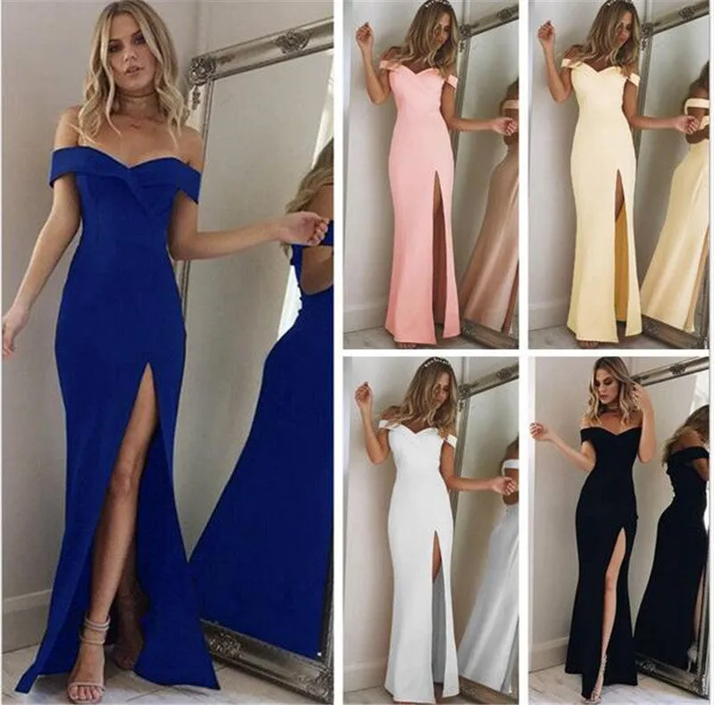 2019 New Summer Elegant Women Sexy Evening Party Black Blue Long Dress Slim Cotton