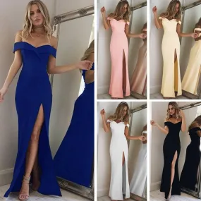 2019 New Summer Elegant Women Sexy Evening Party Black Blue Long Dress Slim Cotton