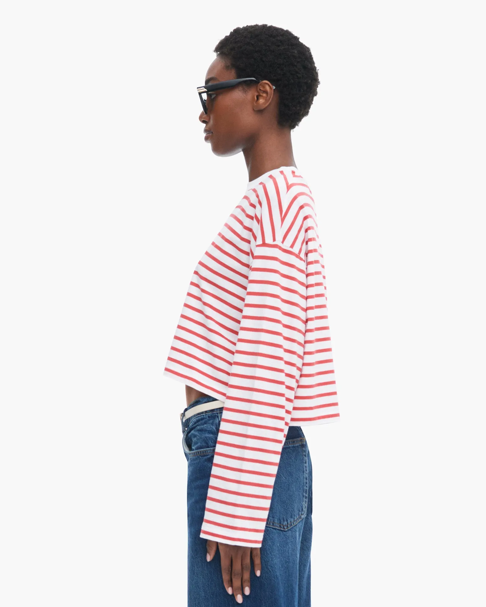 Classic Jersey Long Sleeve Crew Neck Boxy Tee - White/ Cardinal Red