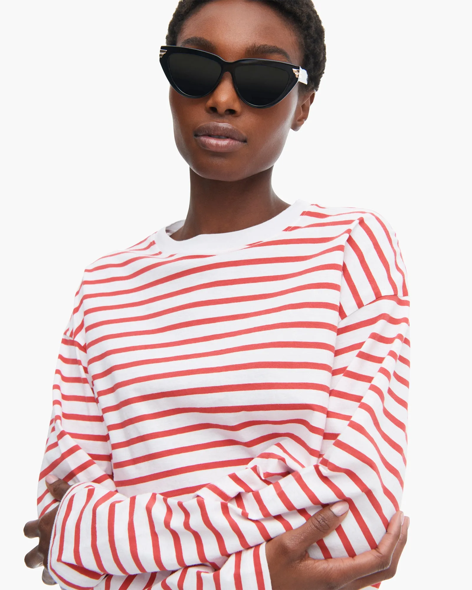 Classic Jersey Long Sleeve Crew Neck Boxy Tee - White/ Cardinal Red