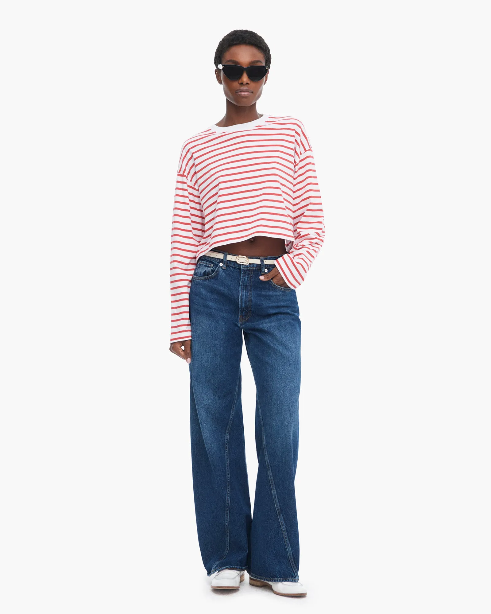 Classic Jersey Long Sleeve Crew Neck Boxy Tee - White/ Cardinal Red