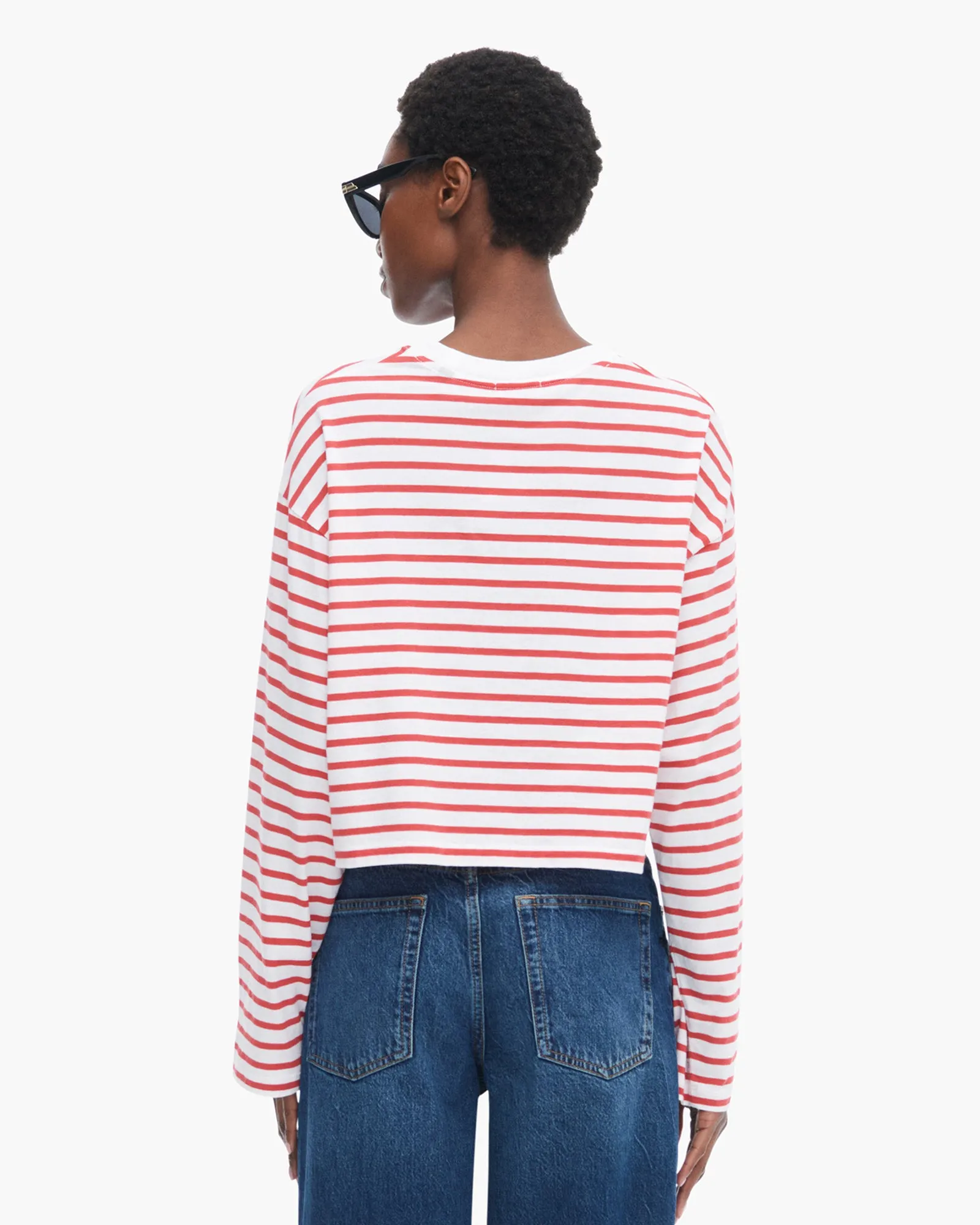Classic Jersey Long Sleeve Crew Neck Boxy Tee - White/ Cardinal Red