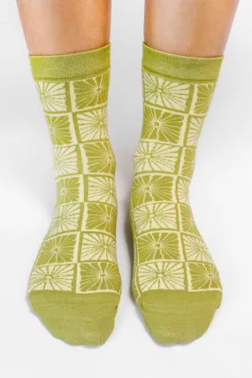 Flower Checker Socks - Olive