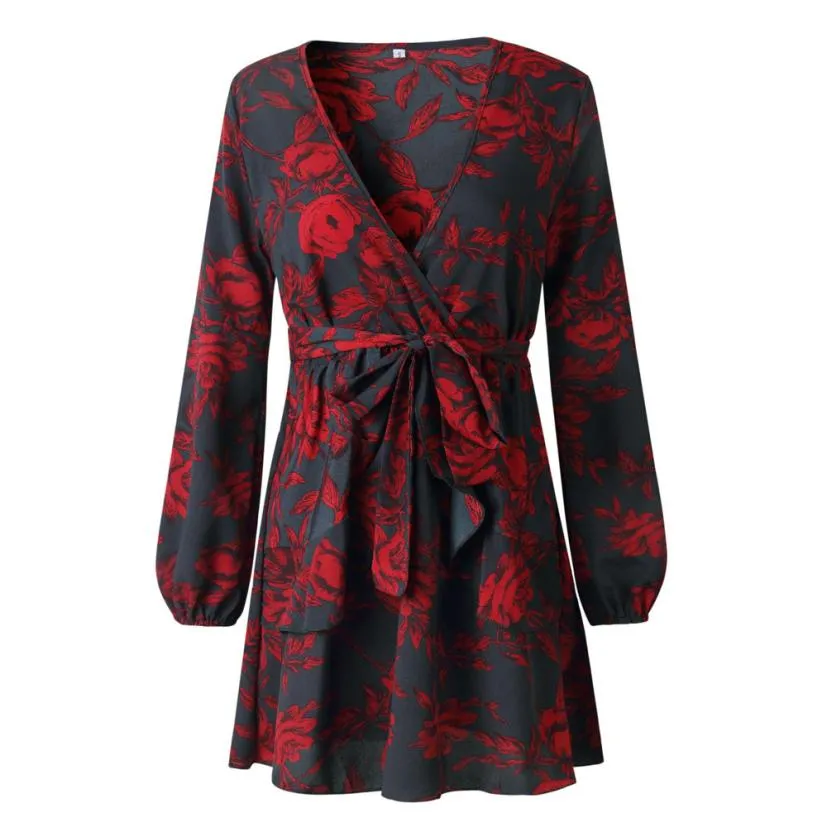 KANCOOLD Dress Women fashion Printing Ruffles Long Sleeve V Neck Sexy Dress Evening