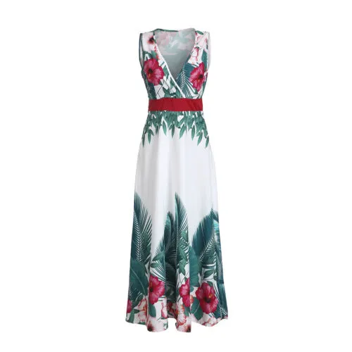 Lady Summer Holiday Floral Beach Boho Maxi V Neck Print Dress Evening Party Sundress