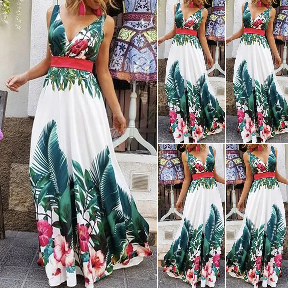 Lady Summer Holiday Floral Beach Boho Maxi V Neck Print Dress Evening Party Sundress