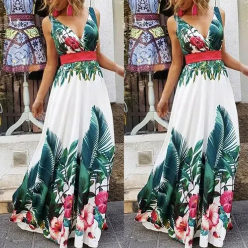 Lady Summer Holiday Floral Beach Boho Maxi V Neck Print Dress Evening Party Sundress