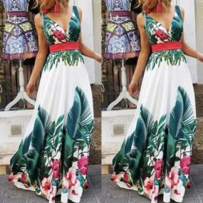 Lady Summer Holiday Floral Beach Boho Maxi V Neck Print Dress Evening Party Sundress