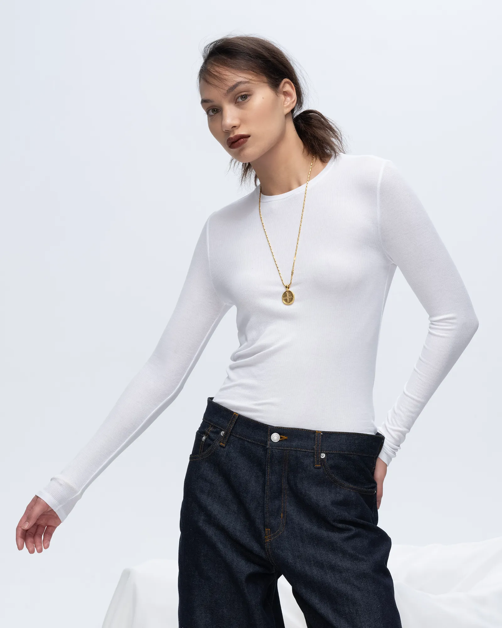 Modal Rib Long Sleeve Crew - White