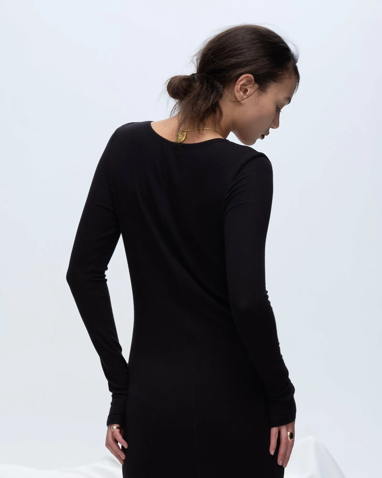 Modal Rib Long Sleeve Deep V-Neck Midi Dress - Black