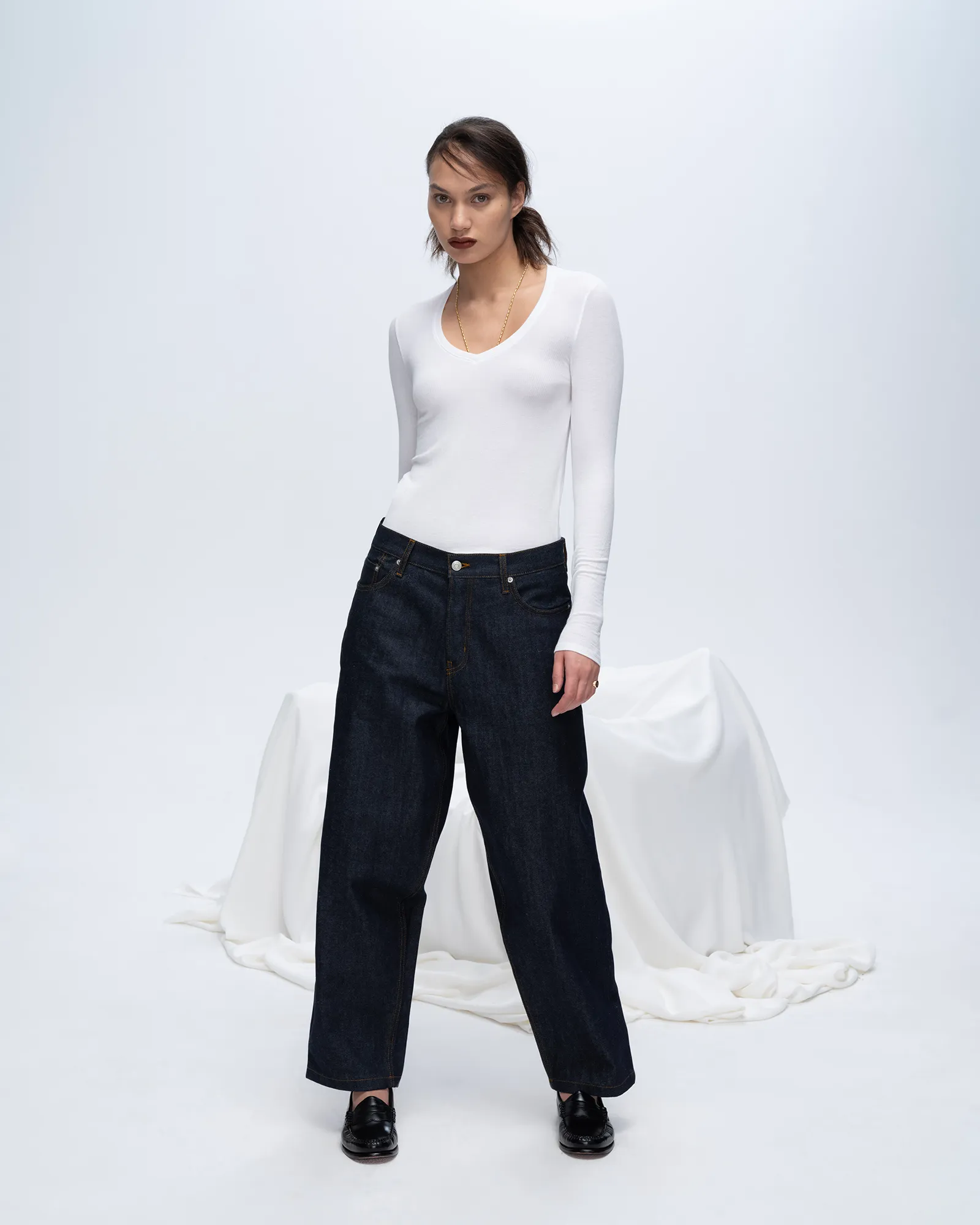 Modal Rib Long Sleeve V-Neck Tee - White