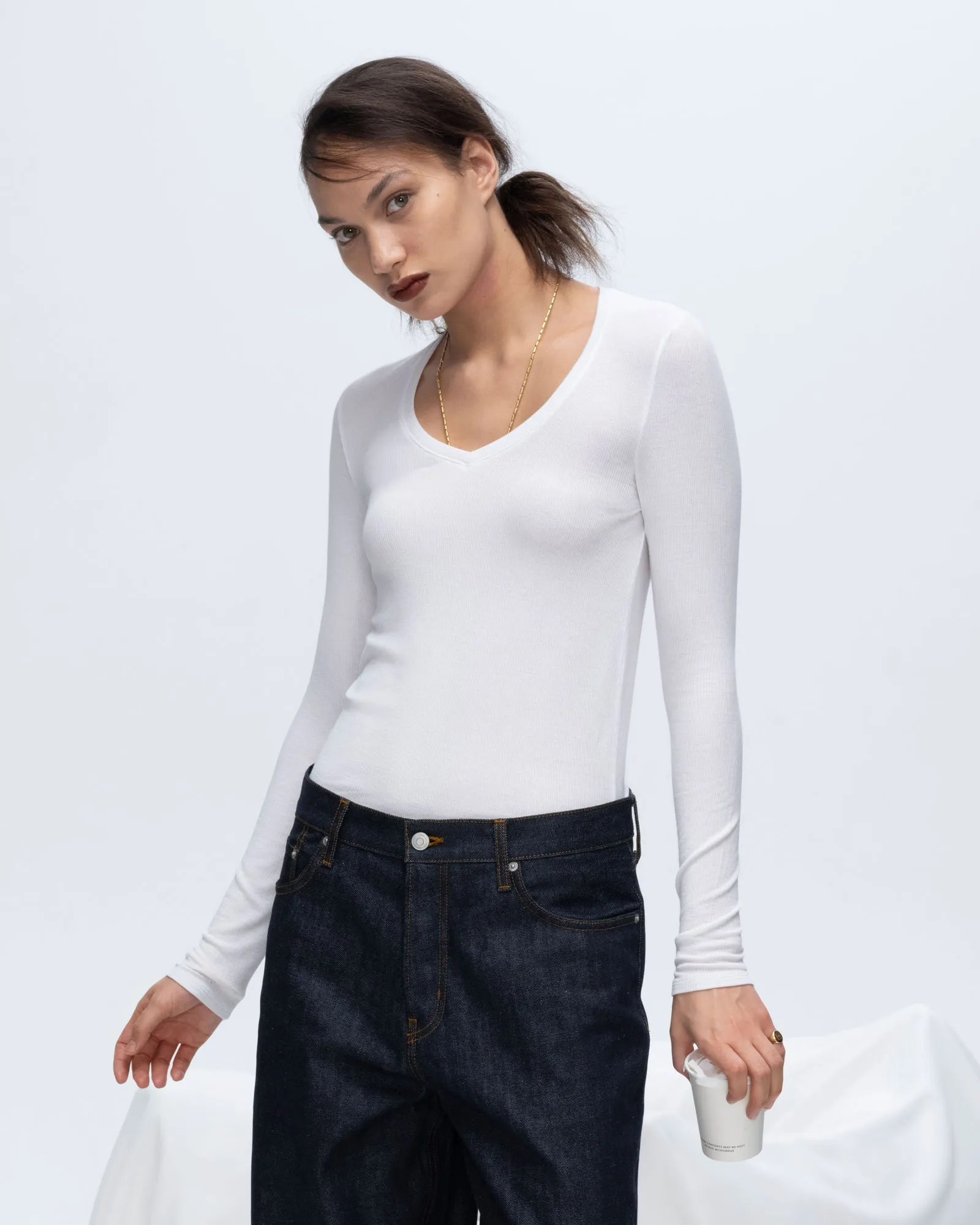 Modal Rib Long Sleeve V-Neck Tee - White