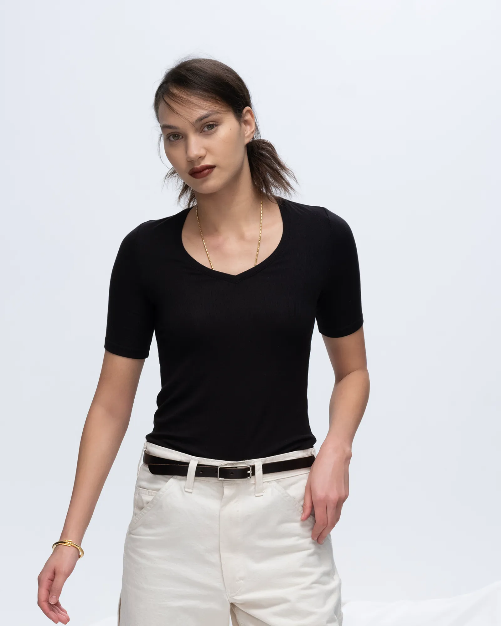 Modal Rib Short Sleeve V-Neck Tee - Black