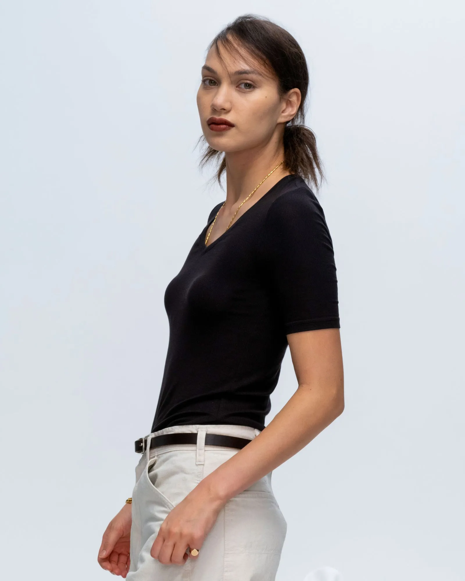 Modal Rib Short Sleeve V-Neck Tee - Black