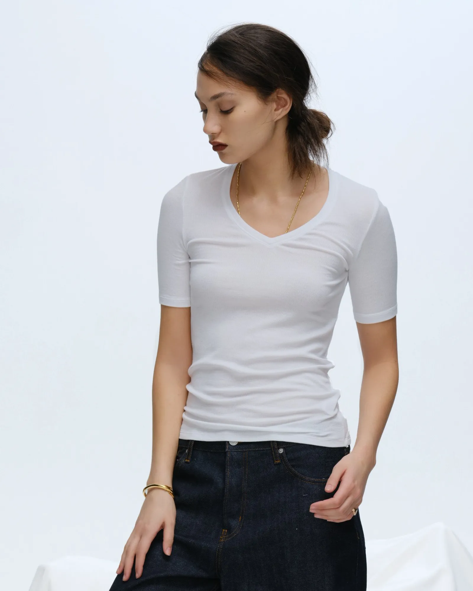 Modal Rib Short Sleeve V-Neck Tee - White