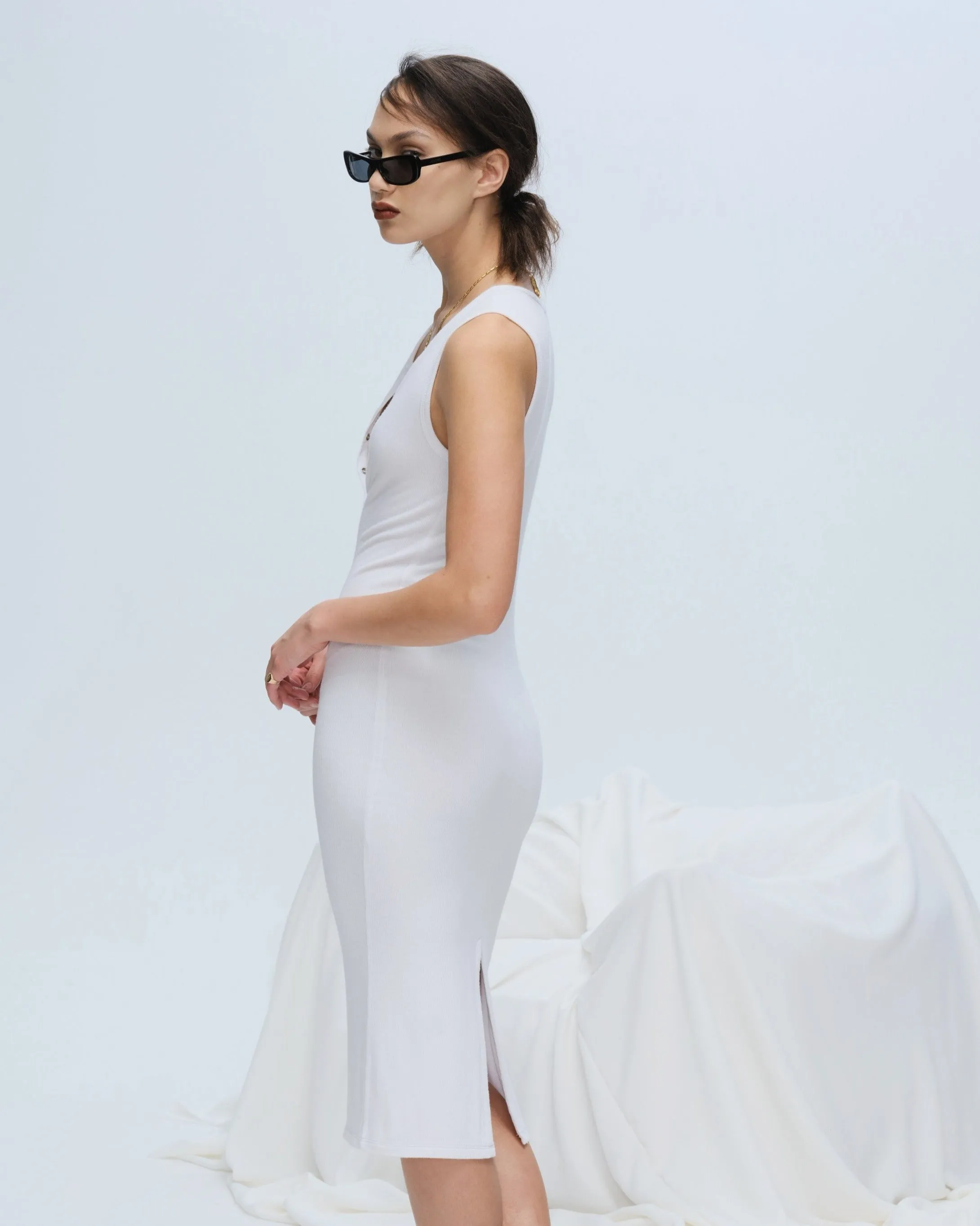 Modal Rib Sleeveless Henley Dress - White
