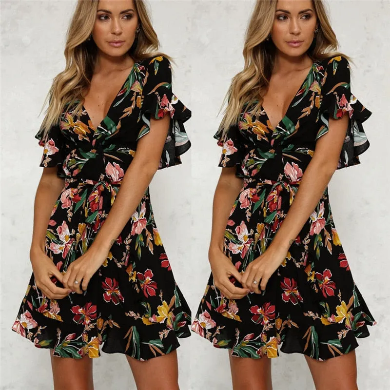 New Fashion Women's Boho V Neck Short Sleeve Dress Floral Printed Slim Dress