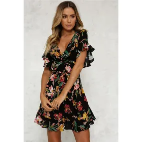 New Fashion Women's Boho V Neck Short Sleeve Dress Floral Printed Slim Dress