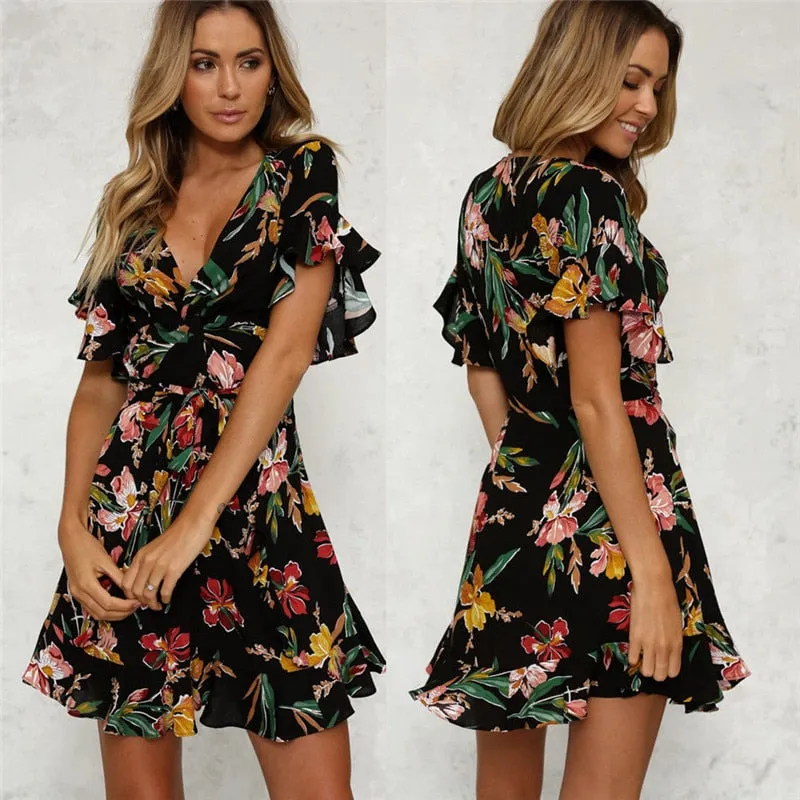 New Fashion Women's Boho V Neck Short Sleeve Dress Floral Printed Slim Dress