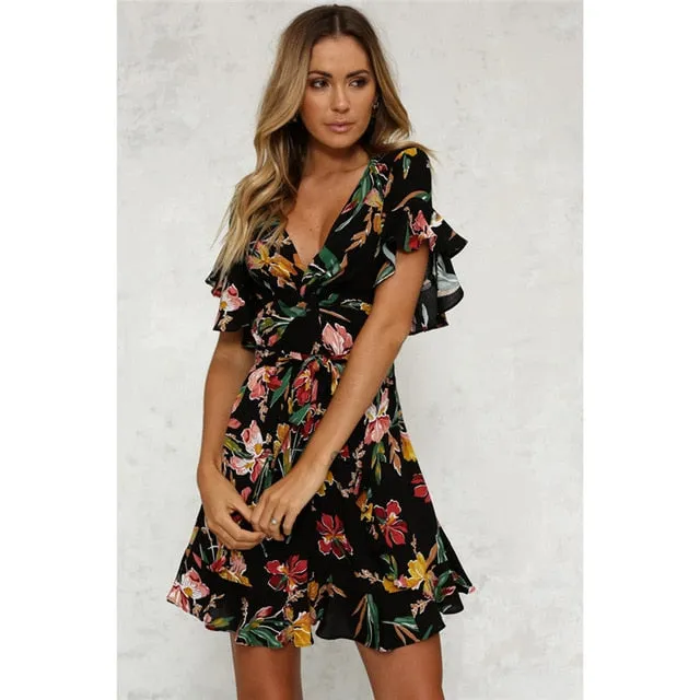 New Fashion Women's Boho V Neck Short Sleeve Dress Floral Printed Slim Dress