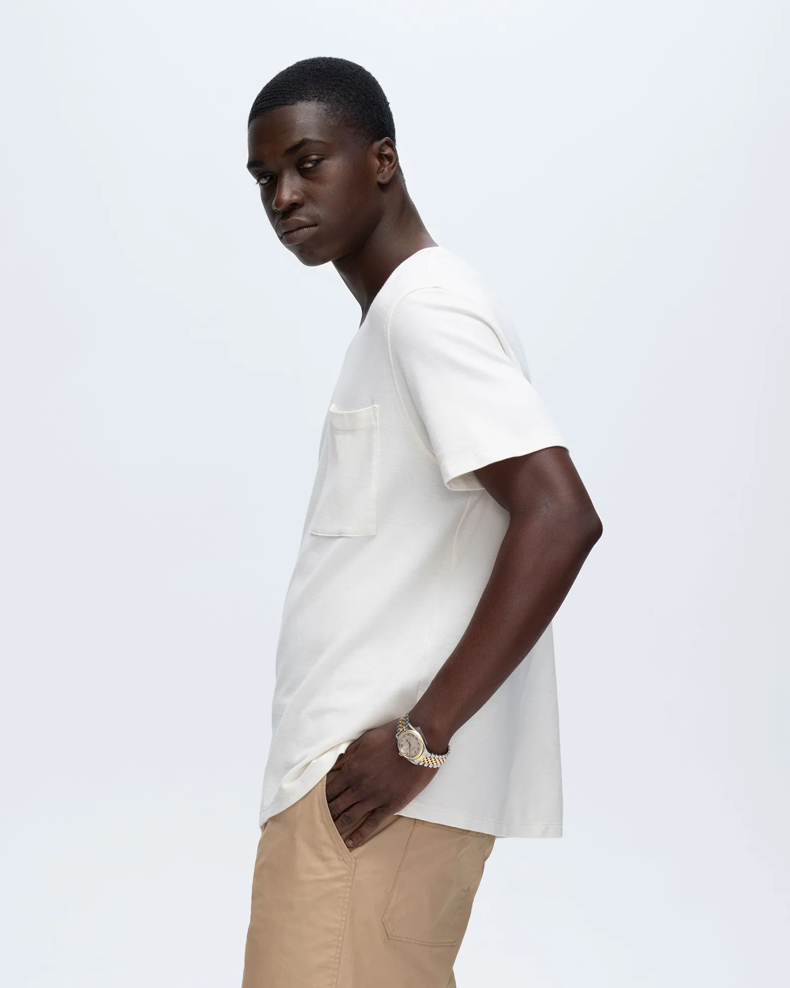 Pique Short Sleeve Crew Neck Pocket Tee with Tipping - Chalk-White