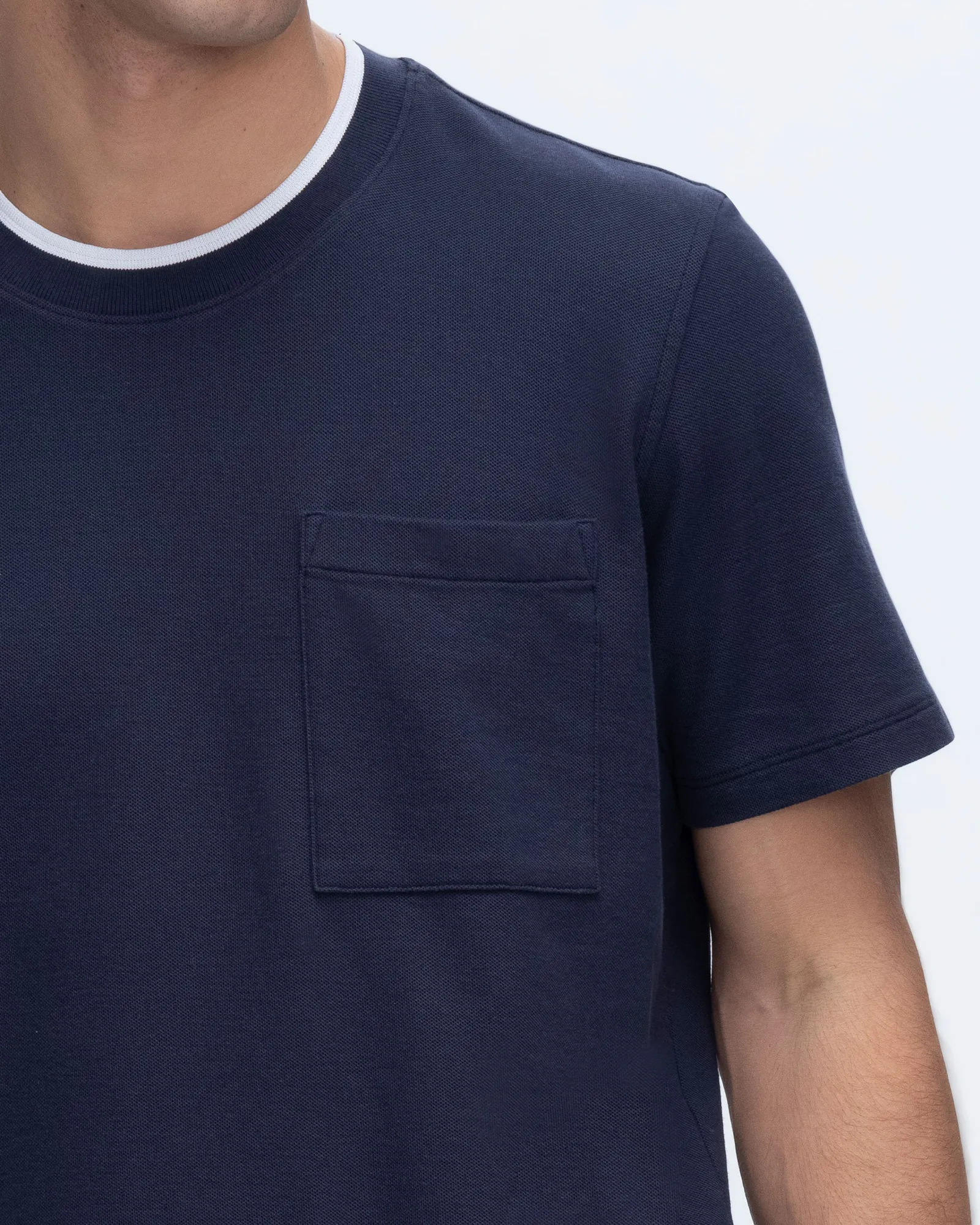Pique Short Sleeve Crew Neck Pocket Tee with Tipping - Navy-White