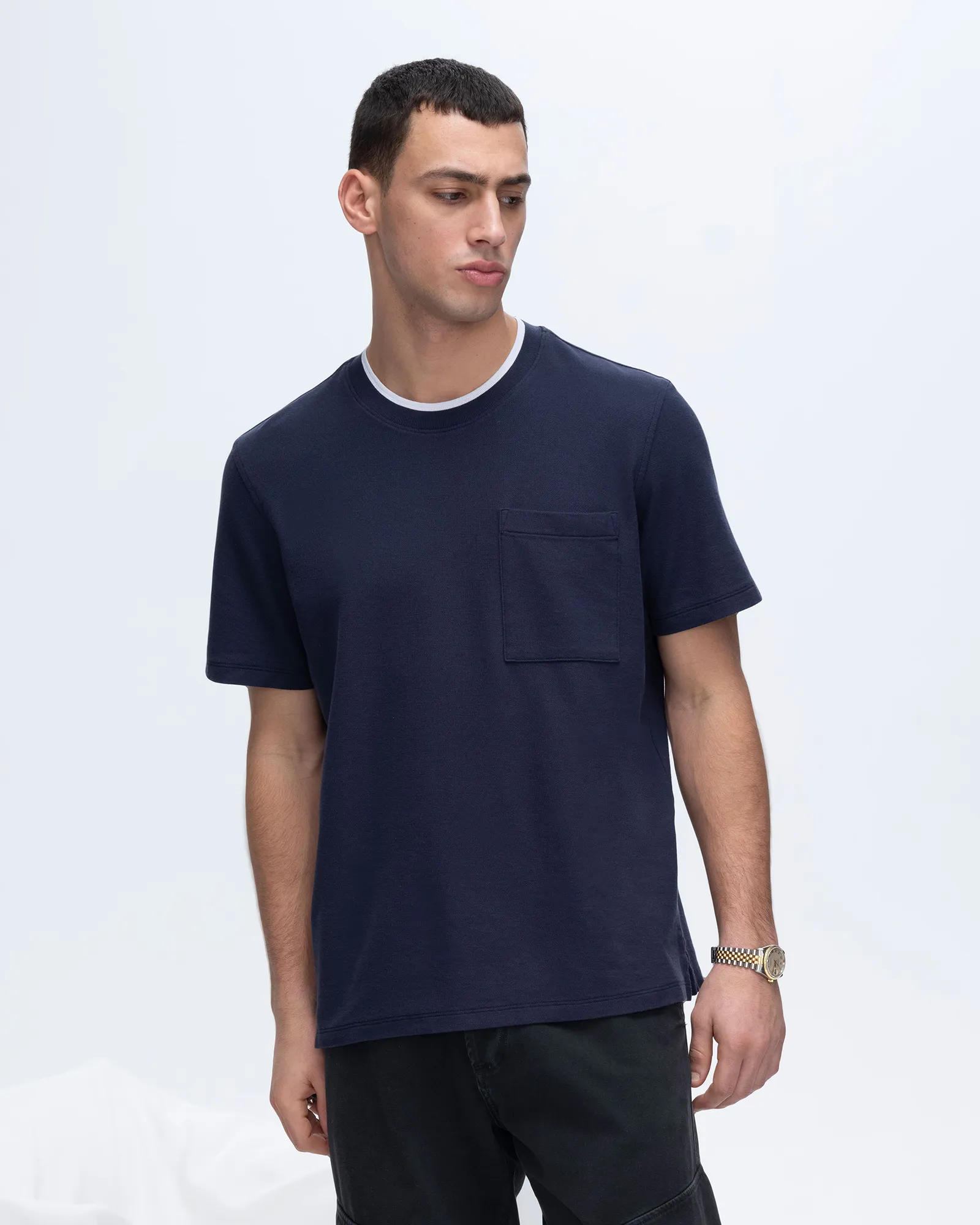 Pique Short Sleeve Crew Neck Pocket Tee with Tipping - Navy-White
