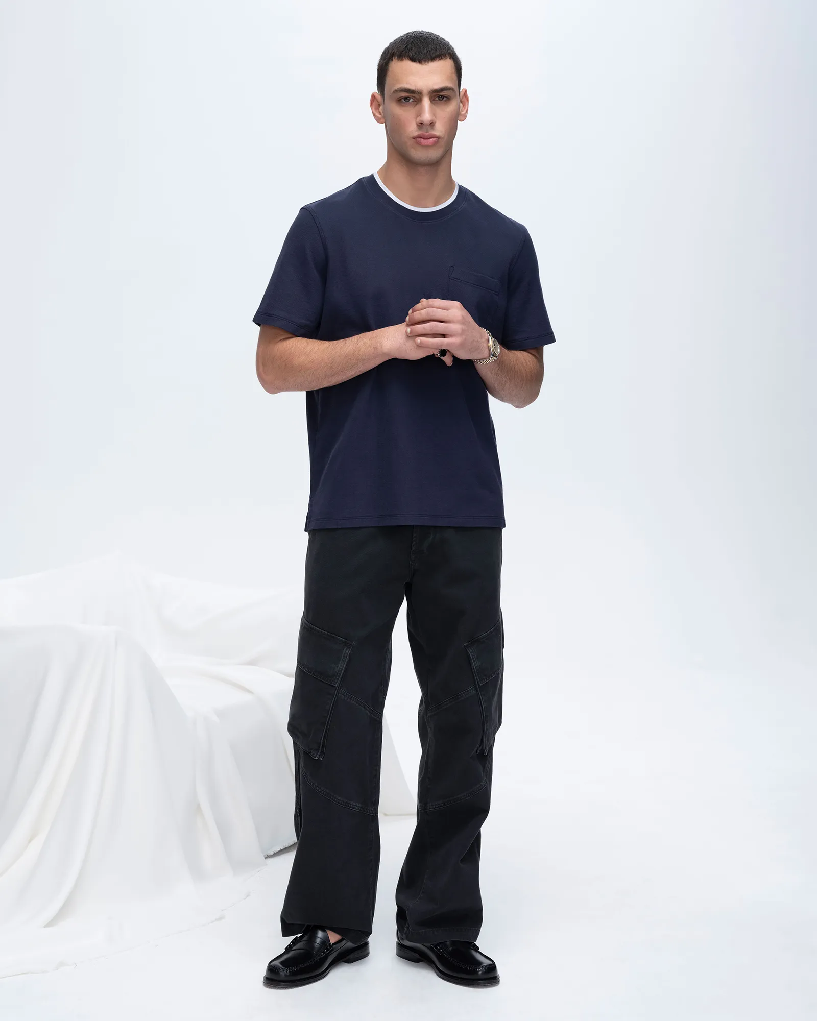 Pique Short Sleeve Crew Neck Pocket Tee with Tipping - Navy-White
