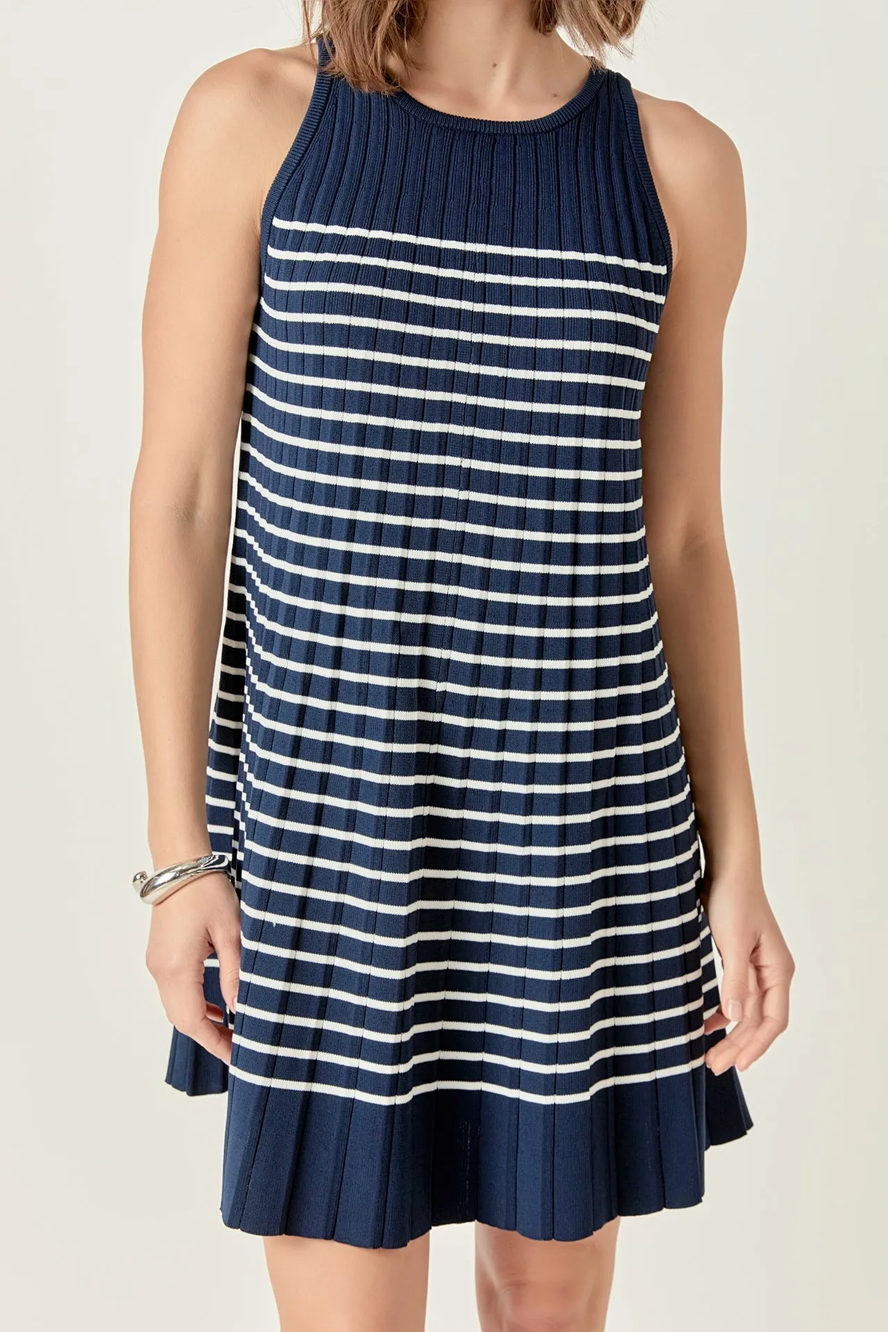 PLEATED A LINE STRIPE KNIT DRESS