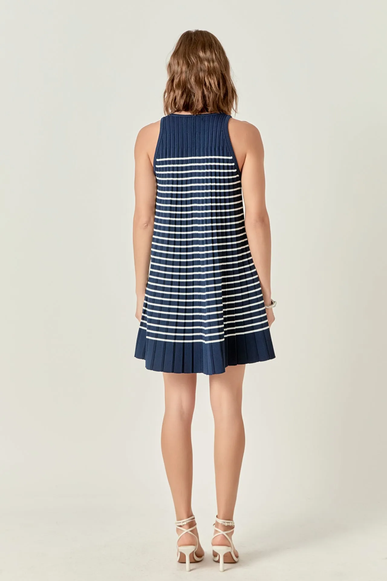 PLEATED A LINE STRIPE KNIT DRESS