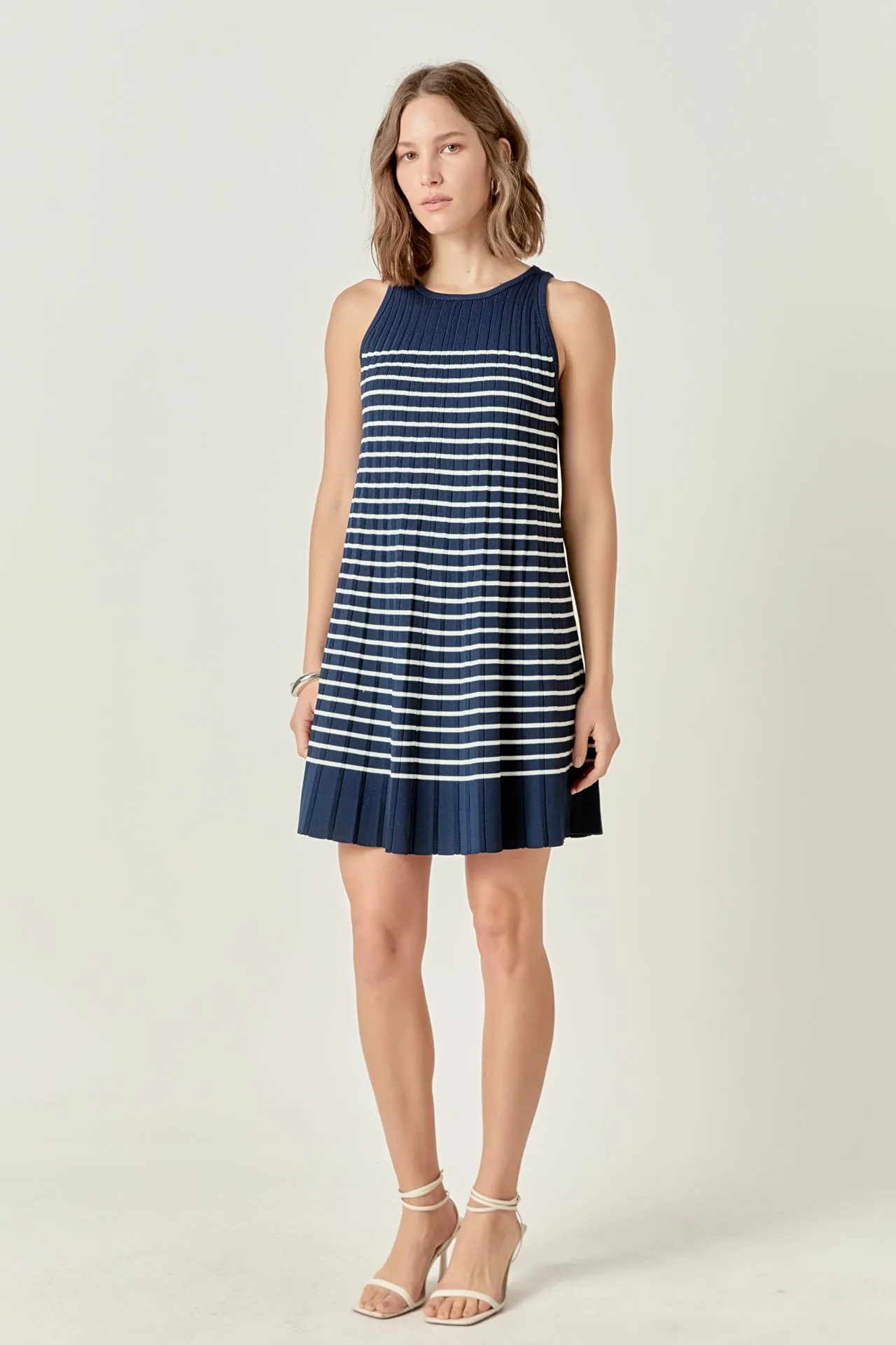 PLEATED A LINE STRIPE KNIT DRESS