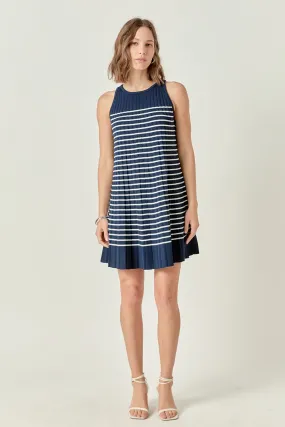 PLEATED A LINE STRIPE KNIT DRESS