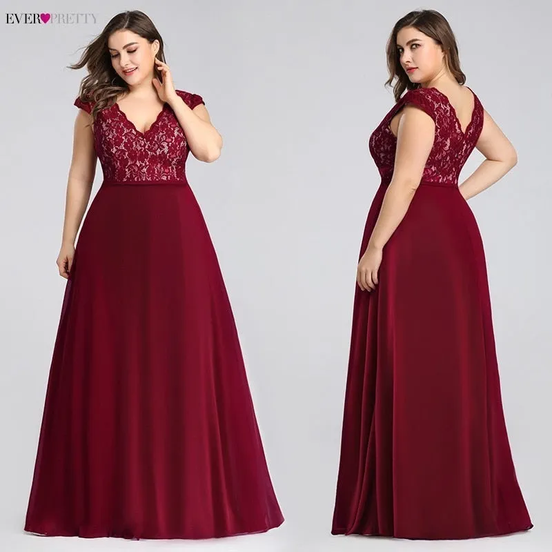 Plus Size Prom Dresses Long 2019 Ever Pretty EP07344 Elegant Burgundy A-line Sleeveless Lace Appliques V-neck Vestidos De Gala