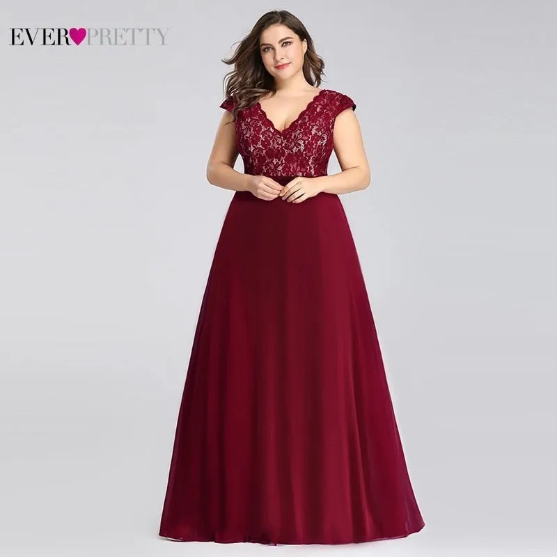 Plus Size Prom Dresses Long 2019 Ever Pretty EP07344 Elegant Burgundy A-line Sleeveless Lace Appliques V-neck Vestidos De Gala