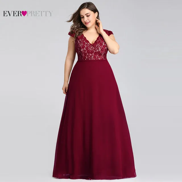 Plus Size Prom Dresses Long 2019 Ever Pretty EP07344 Elegant Burgundy A-line Sleeveless Lace Appliques V-neck Vestidos De Gala