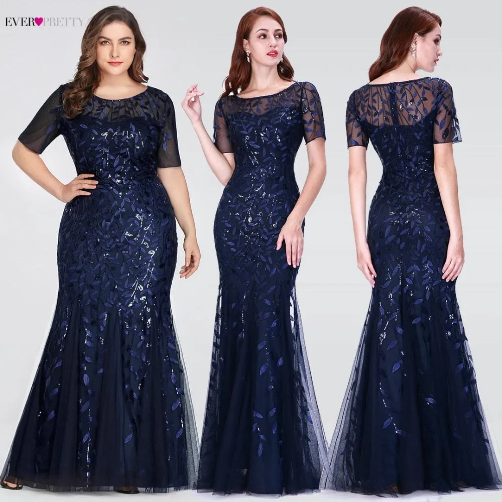 Plus Size Saudi Arabia Prom Dresses 2019 Ever Pretty EZ07707 Short Sleeve Lace Appliques Tulle Mermaid Long Dress Party Gowns