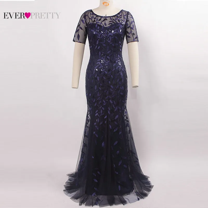 Plus Size Saudi Arabia Prom Dresses 2019 Ever Pretty EZ07707 Short Sleeve Lace Appliques Tulle Mermaid Long Dress Party Gowns