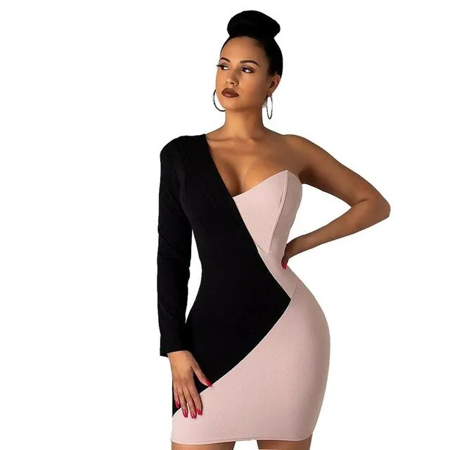Retro Tunic OL Women Sexy One Shoulder Long Sleeve V Neck Patchwork Evening Party Short Mini Dress