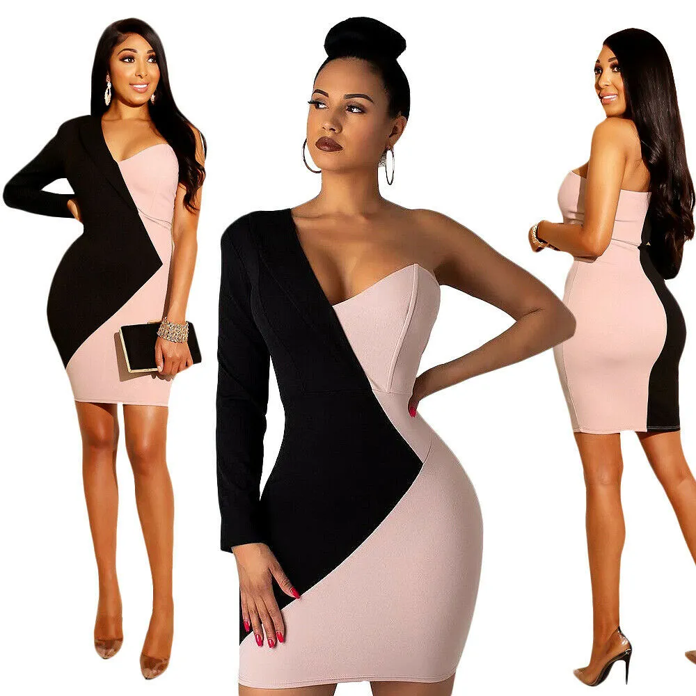 Retro Tunic OL Women Sexy One Shoulder Long Sleeve V Neck Patchwork Evening Party Short Mini Dress