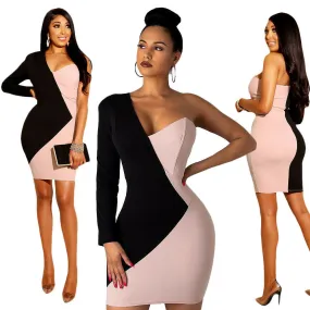 Retro Tunic OL Women Sexy One Shoulder Long Sleeve V Neck Patchwork Evening Party Short Mini Dress