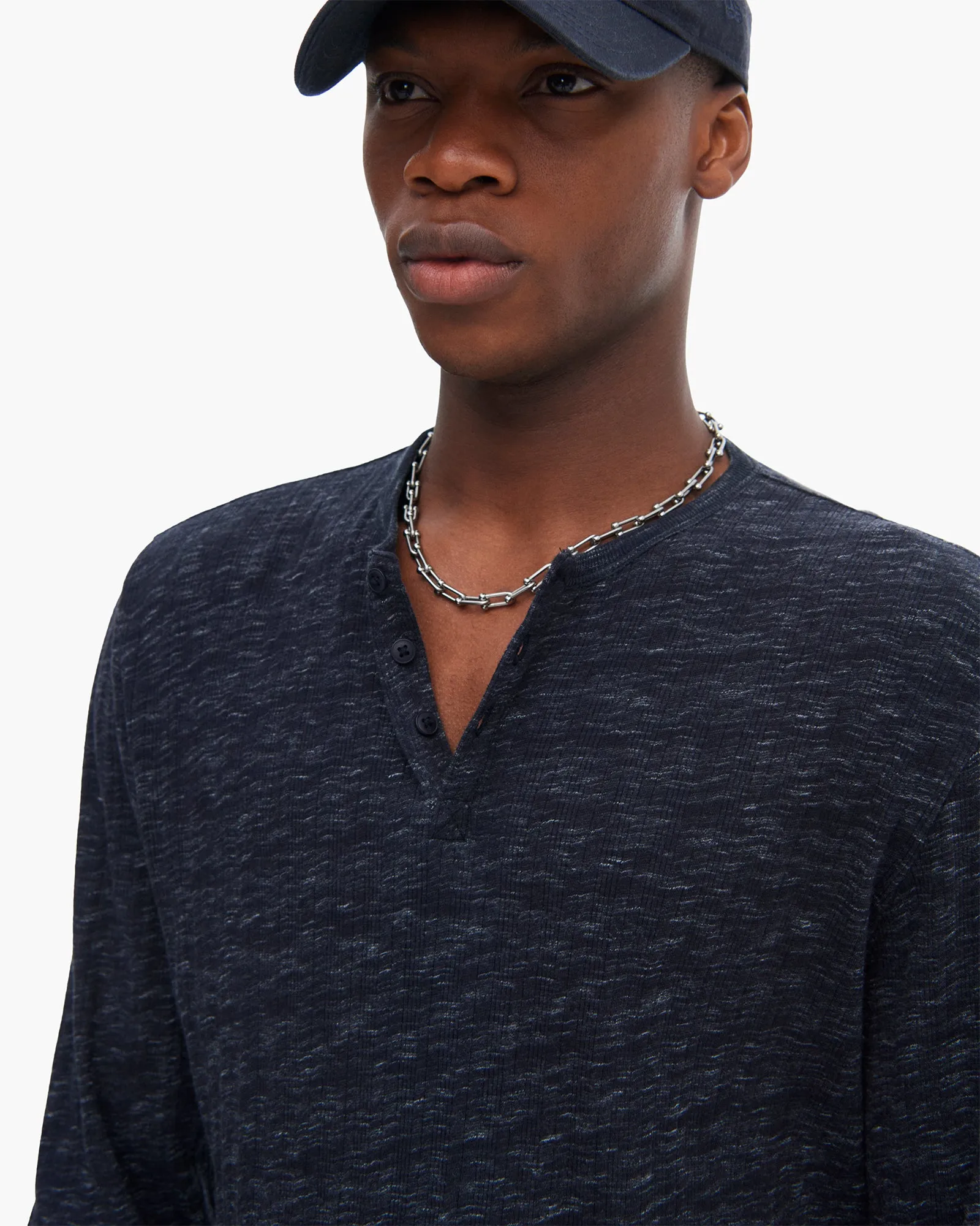 Rib Long Sleeve Destroyed Henley - Dark Navy