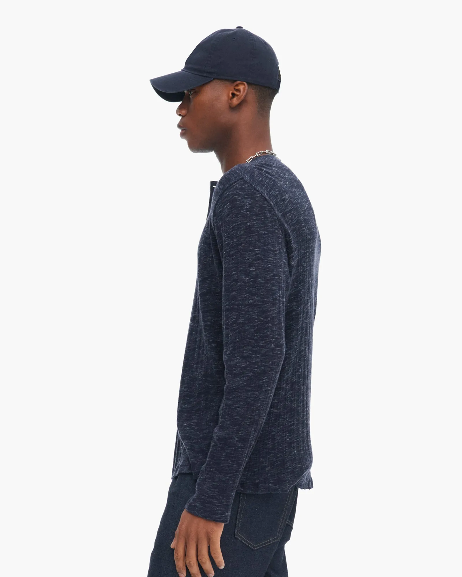 Rib Long Sleeve Destroyed Henley - Dark Navy