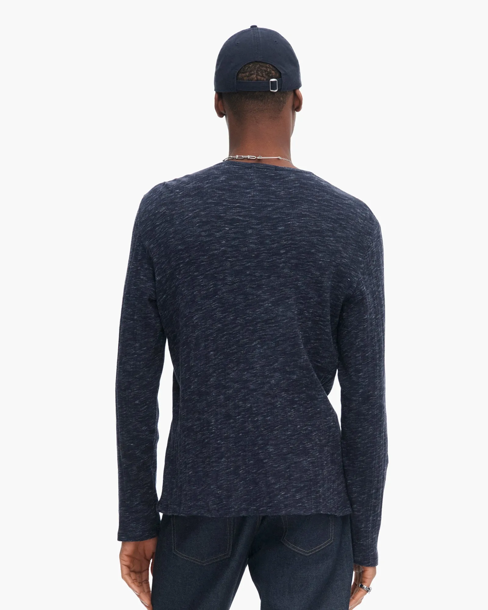 Rib Long Sleeve Destroyed Henley - Dark Navy