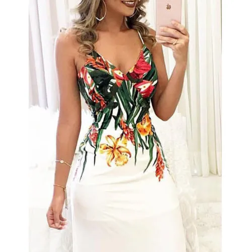 sexy Women Summer Floral Sleeveless Strap V neck Boho Dress Casual Long Maxi Evening Party Beach Dress Sundress