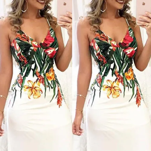 sexy Women Summer Floral Sleeveless Strap V neck Boho Dress Casual Long Maxi Evening Party Beach Dress Sundress