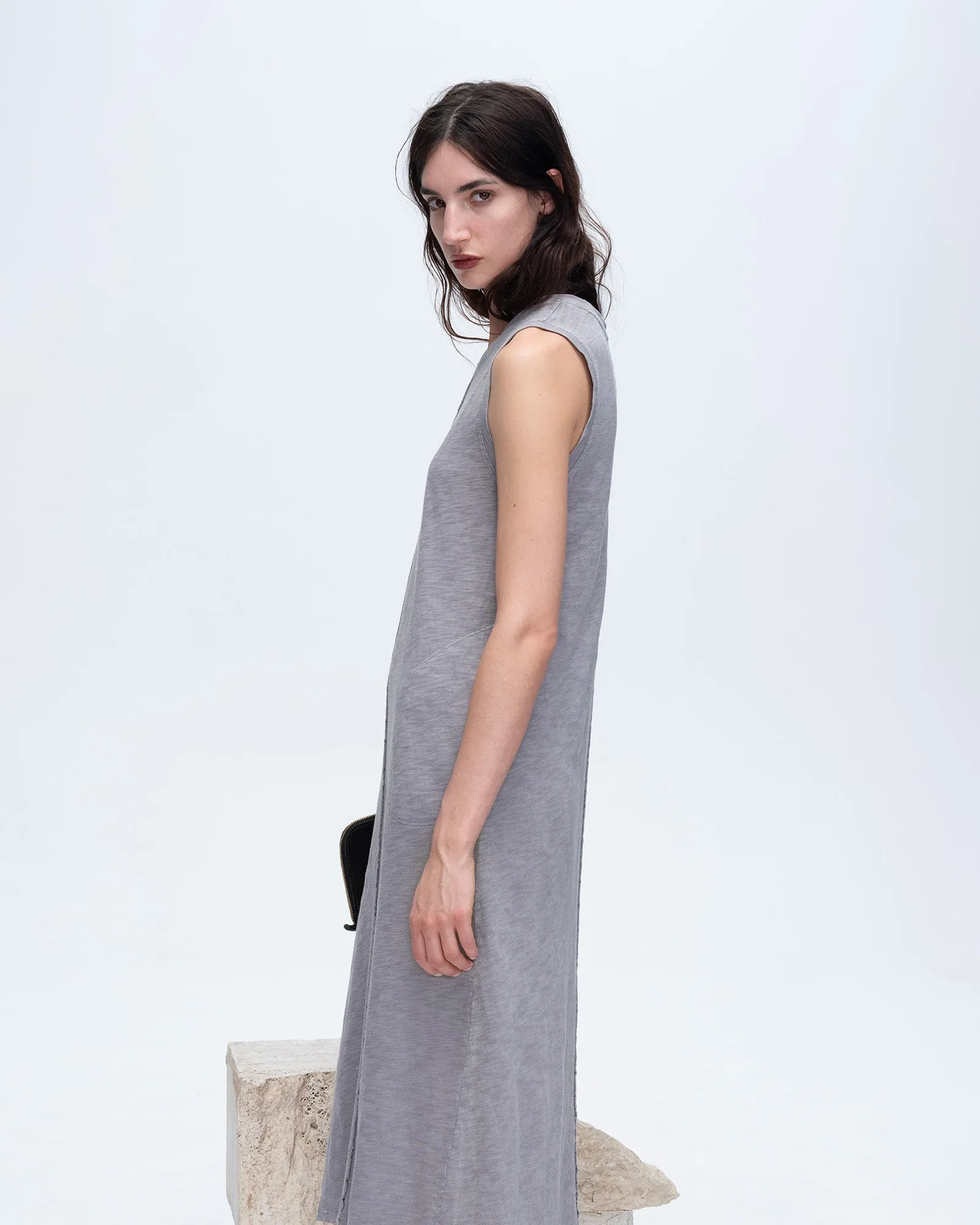 Slub Jersey Chroma Wash Sleeveless Crew Neck Midi Dress - Shark