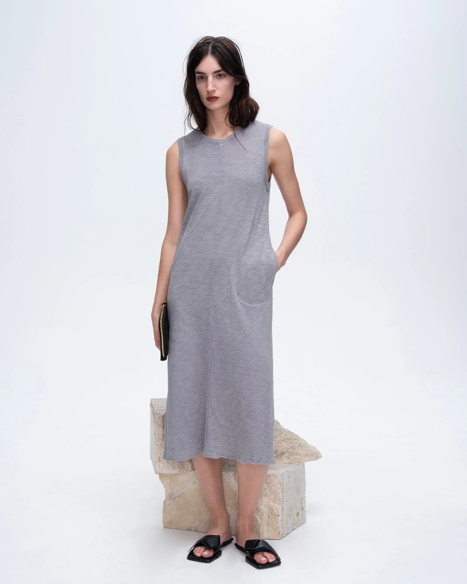 Slub Jersey Chroma Wash Sleeveless Crew Neck Midi Dress - Shark