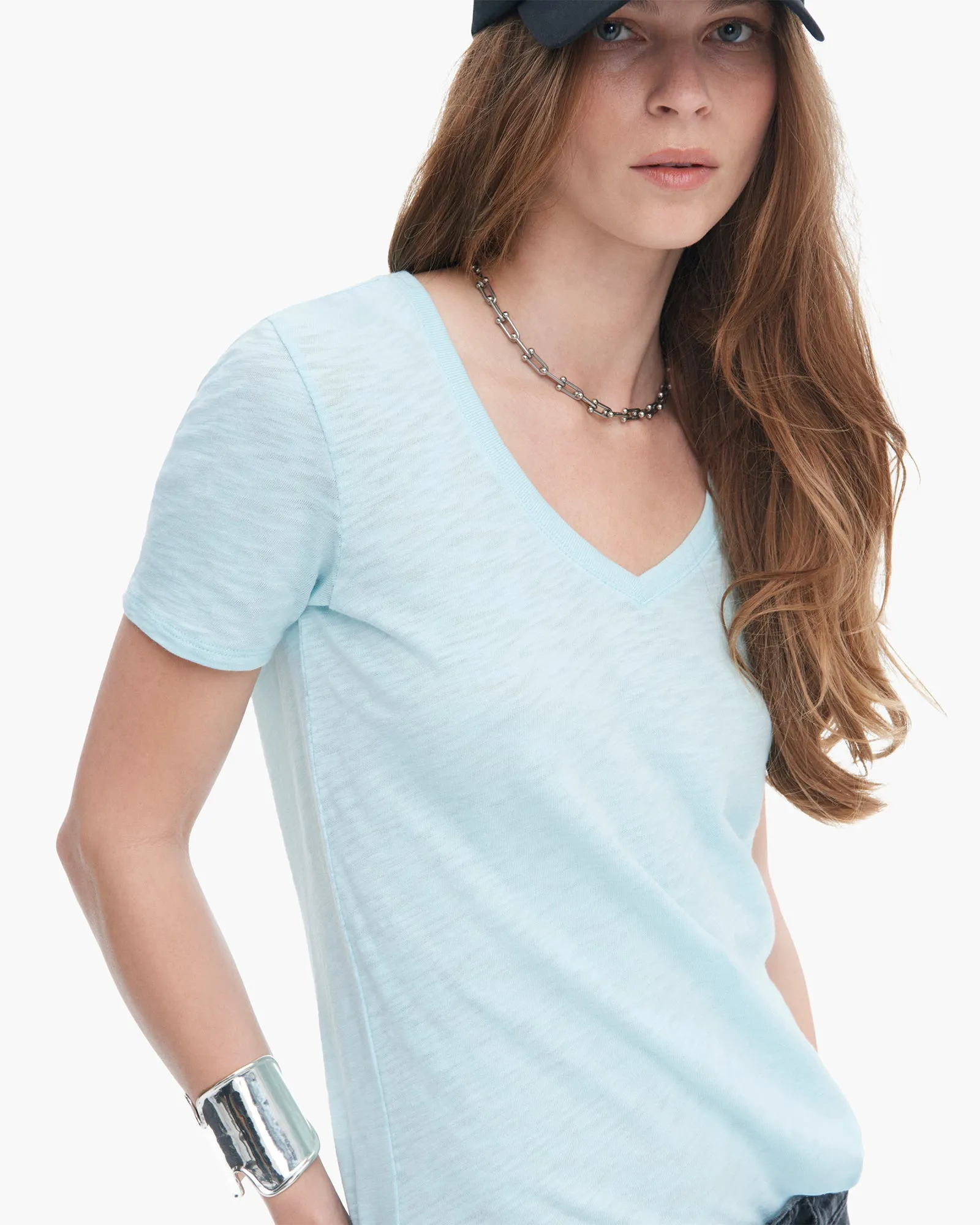 Slub Jersey Classic Short Sleeve V-Neck Tee - Ocean Blue
