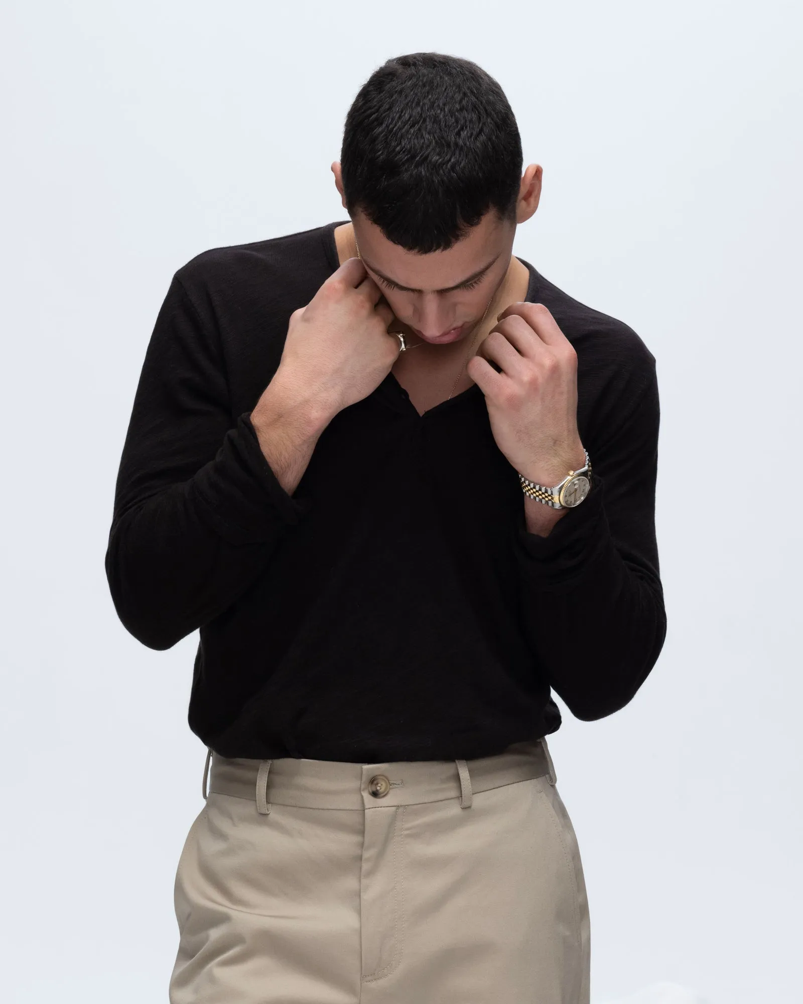 Slub Jersey Destroyed Wash Henley - Black
