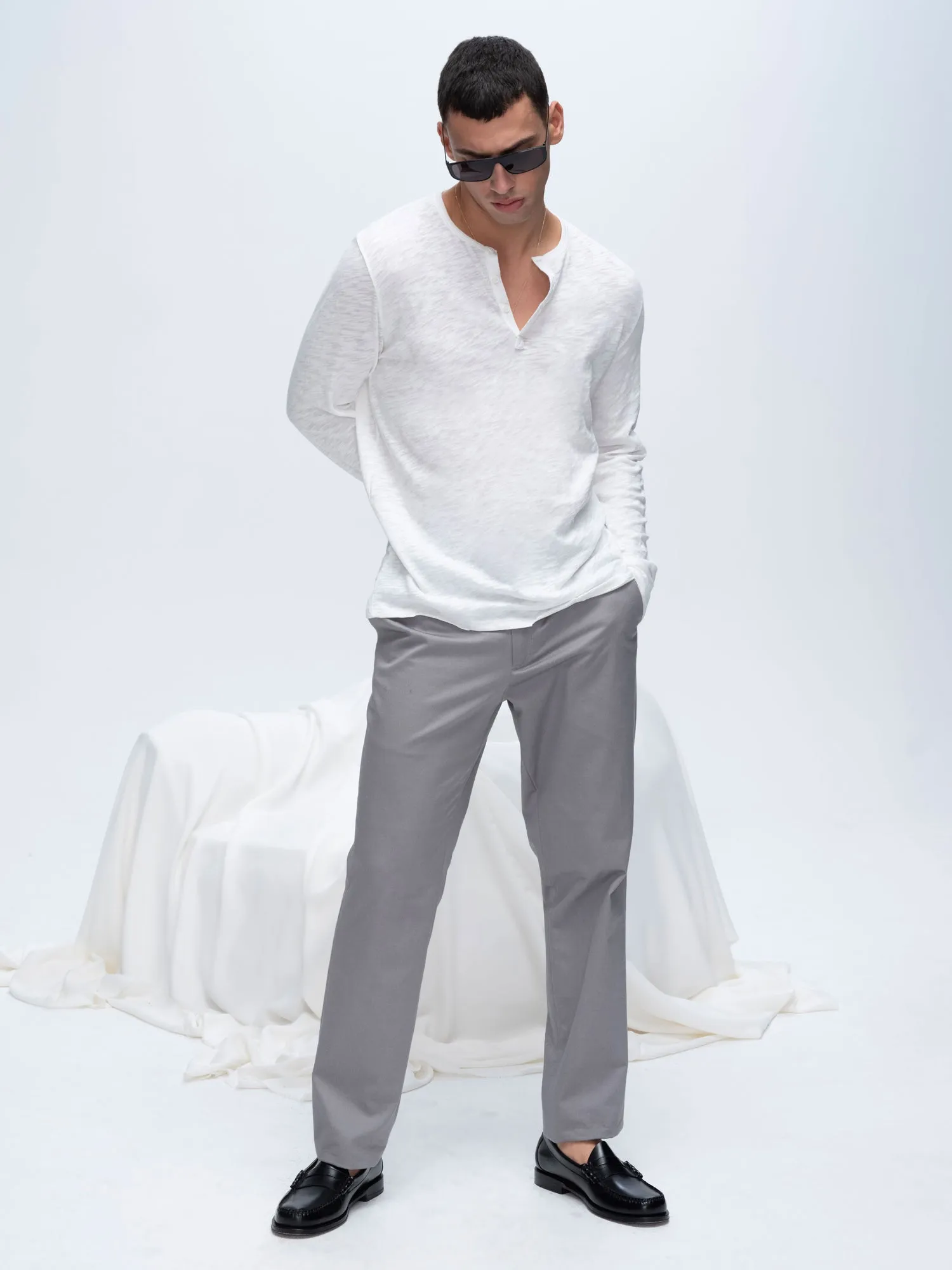 Slub Jersey Destroyed Wash Henley - White